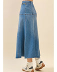 High Waisted Denim Midi Skirt