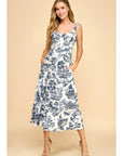 Toile Printed Sweetheart Neckline Midi Dress