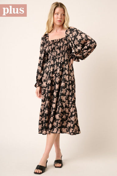 Flower Print Smocked Detail Satin Midi Dress - Plus Size
