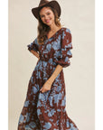 Dreamy Jacquard Floral Midi Dress with Statement Sleeves