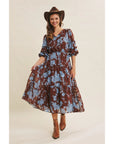Dreamy Jacquard Floral Midi Dress with Statement Sleeves