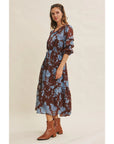 Dreamy Jacquard Floral Midi Dress with Statement Sleeves