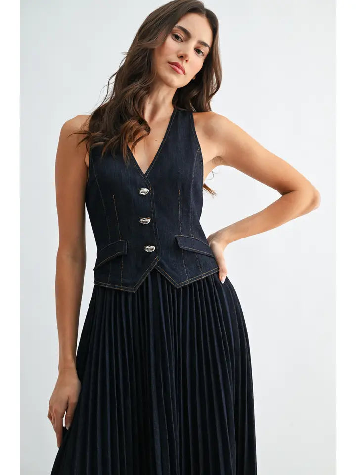 white christmas dresses Women's V-neck Button Up Sleeveless Denim Mini Dress 23477D – Crazy House  Western Wear main image 0