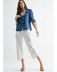 Gabriella Denim Pleated Ruffle Blouse