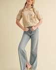 Elena Embroidered Short Sleeve Button Down Sweater