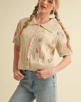 Elena Embroidered Short Sleeve Button Down Sweater