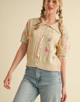 Elena Embroidered Short Sleeve Button Down Sweater