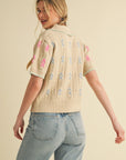 Elena Embroidered Short Sleeve Button Down Sweater