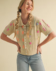 Elena Embroidered Short Sleeve Button Down Sweater