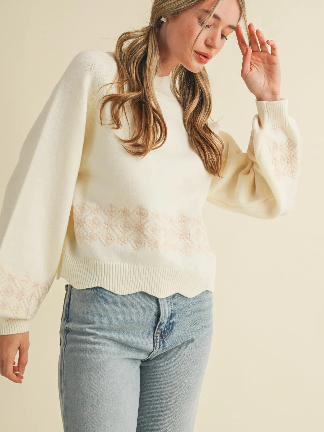 Savannah Scalloped Sweater with Embroidery
