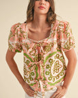 Medallion Print Tie Front Puff Sleeve Top