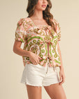 Medallion Print Tie Front Puff Sleeve Top