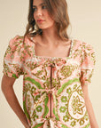 Medallion Print Tie Front Puff Sleeve Top