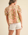 Medallion Print Tie Front Puff Sleeve Top