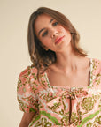 Medallion Print Tie Front Puff Sleeve Top
