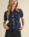 Elena Embroidered Short Sleeve Button Down Sweater