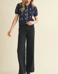 Elena Embroidered Short Sleeve Button Down Sweater