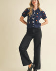 Elena Embroidered Short Sleeve Button Down Sweater