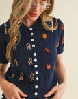 Elena Embroidered Short Sleeve Button Down Sweater