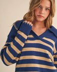Striped Collared Sweater with Blanket Stitch