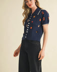 Elena Embroidered Short Sleeve Button Down Sweater