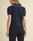 Elena Embroidered Short Sleeve Button Down Sweater