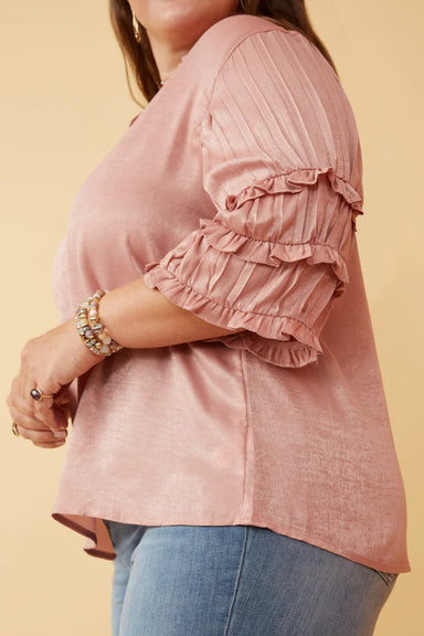 Crushed Satin Ruffle Sleeve Blouse