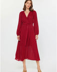 Pleated Surplice V-Neck Maxi Dress