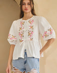 Embroidered Poplin Blouse with Tie Detail - Plus Size