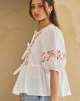 Embroidered Poplin Blouse with Tie Detail - Plus Size