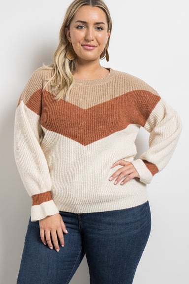Chevron Color Block Ribbed Knit Sweater with Cuff Detail - Plus Size