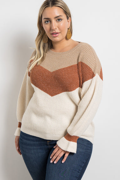 Chevron Color Block Ribbed Knit Sweater with Cuff Detail - Plus Size