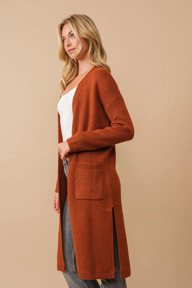 Soft Knit Long Open Cardigan with Pockets and High Side Slits