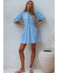 Beatrice Puff Sleeve Linen Mini Dress - Crystal Blue