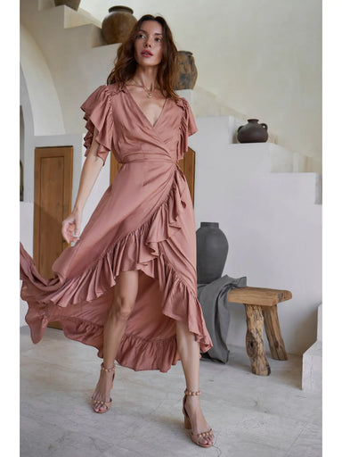 Carmen Wrap Maxi Dress - Brown Gold - Final Sale Item