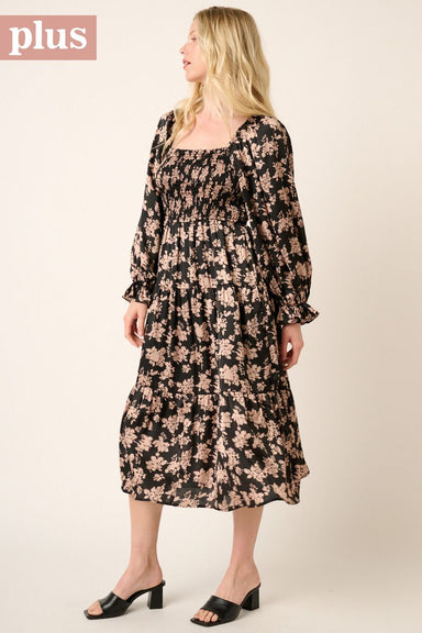Flower Print Smocked Detail Satin Midi Dress - Plus Size