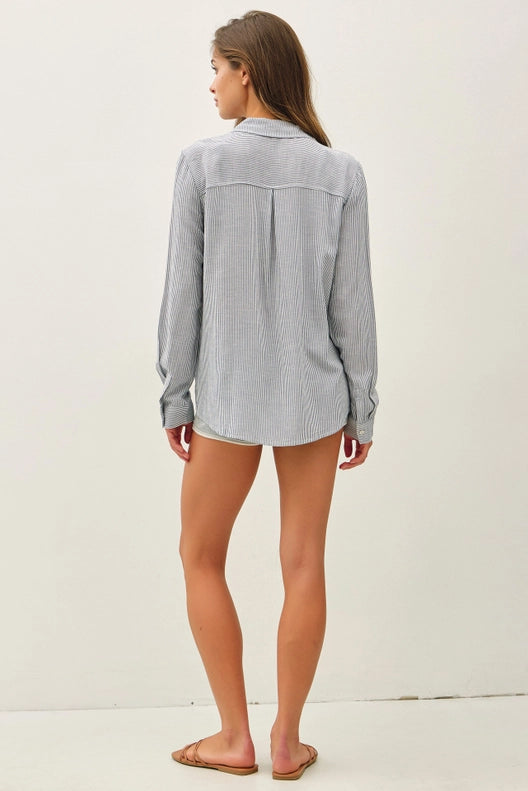 Lucy Linen Blended Stripe Boxy Shirt-Denim