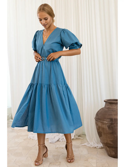 Peony Midi Linen Dress - Persian Blue