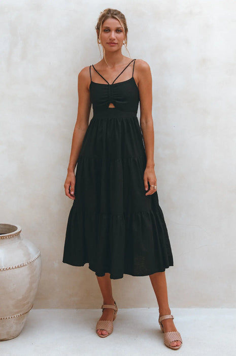 Rafaela Strappy Linen Midi Dress - Black