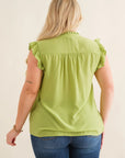 V-Neck Button Down Sleeveless Top with Ruffle Neck and Arm Hem - Plus Size- FINAL SALE ITEM