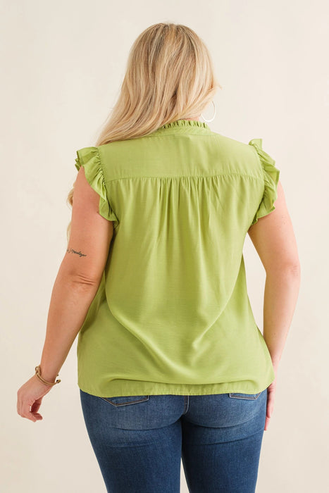 V-Neck Button Down Sleeveless Top with Ruffle Neck and Arm Hem - Plus Size