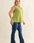 V-Neck Button Down Sleeveless Top with Ruffle Neck and Arm Hem - Plus Size- FINAL SALE ITEM