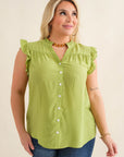 V-Neck Button Down Sleeveless Top with Ruffle Neck and Arm Hem - Plus Size- FINAL SALE ITEM