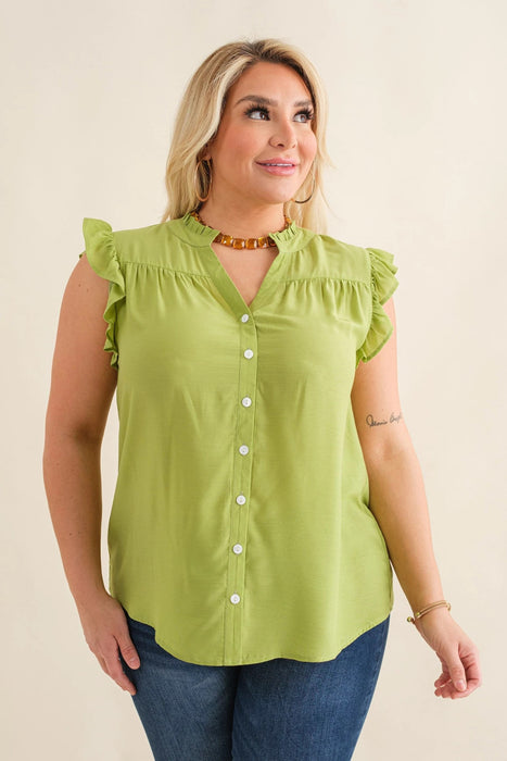 V-Neck Button Down Sleeveless Top with Ruffle Neck and Arm Hem - Plus Size
