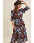 Dreamy Jacquard Floral Midi Dress with Statement Sleeves