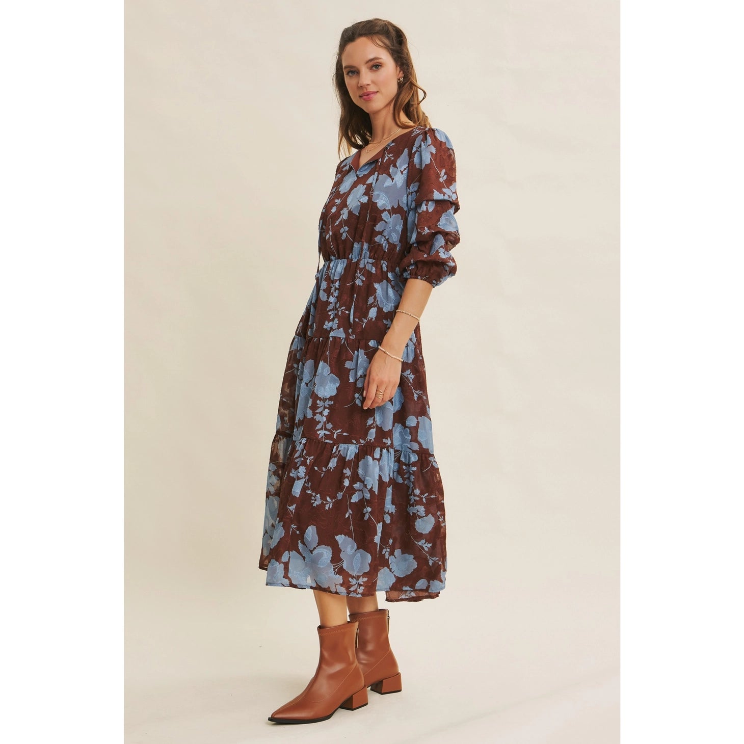 Dreamy Jacquard Floral Midi Dress with Statement Sleeves