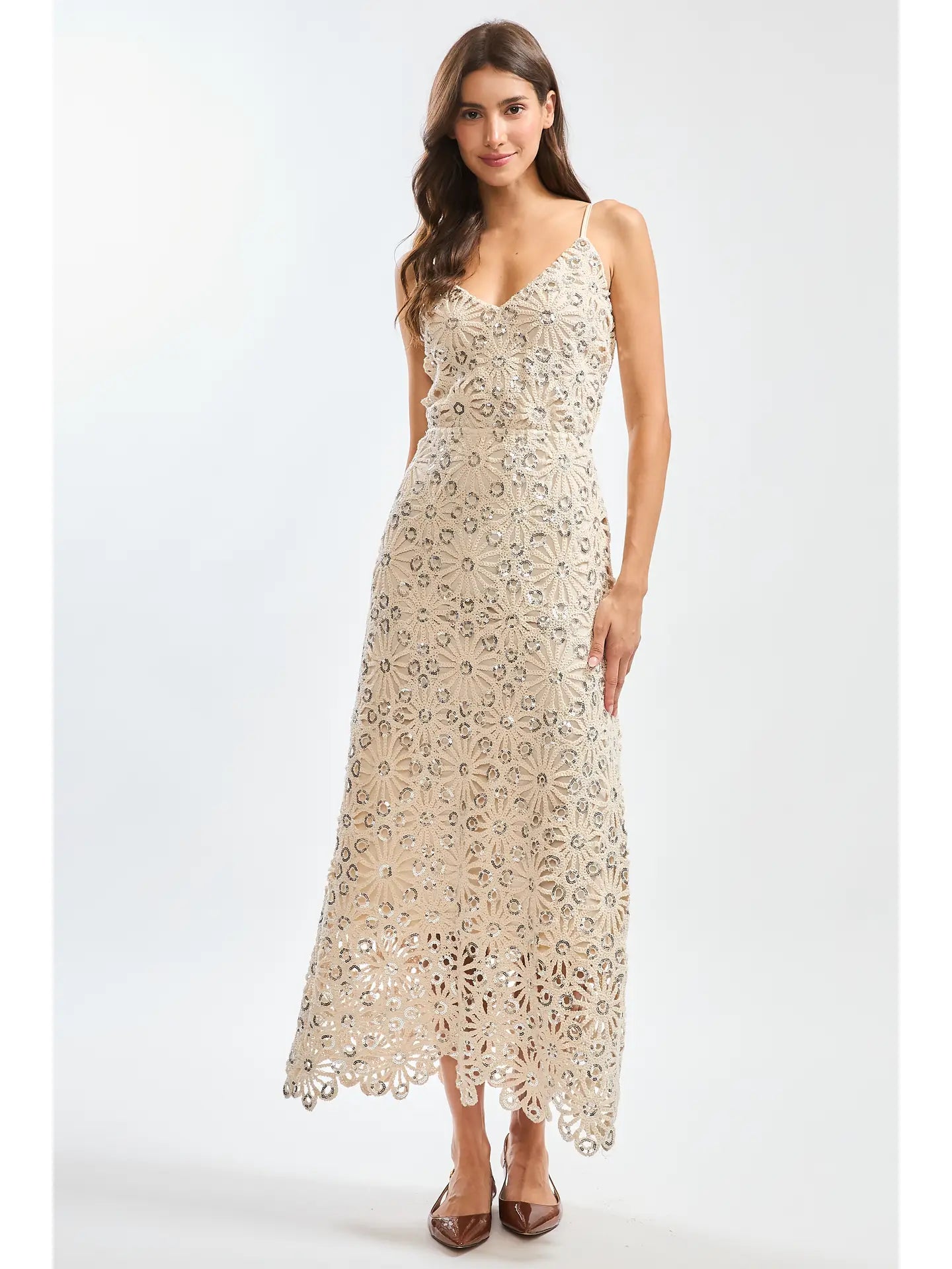Luna Lace Floral Midi Dress with Sequin Accents