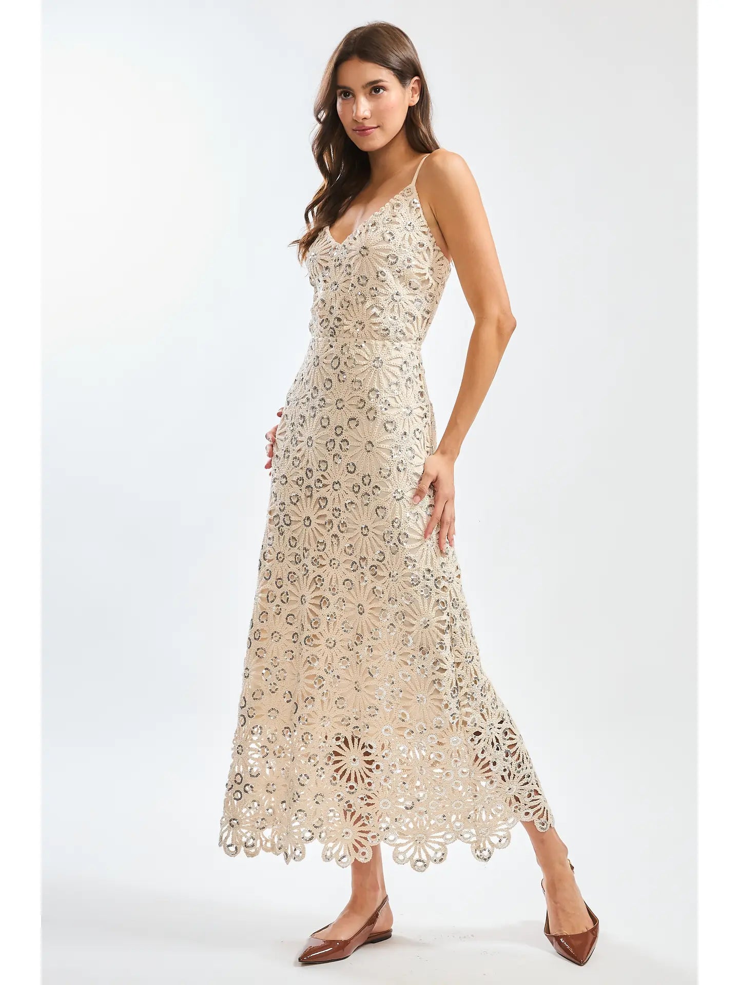 Luna Lace Floral Midi Dress with Sequin Accents