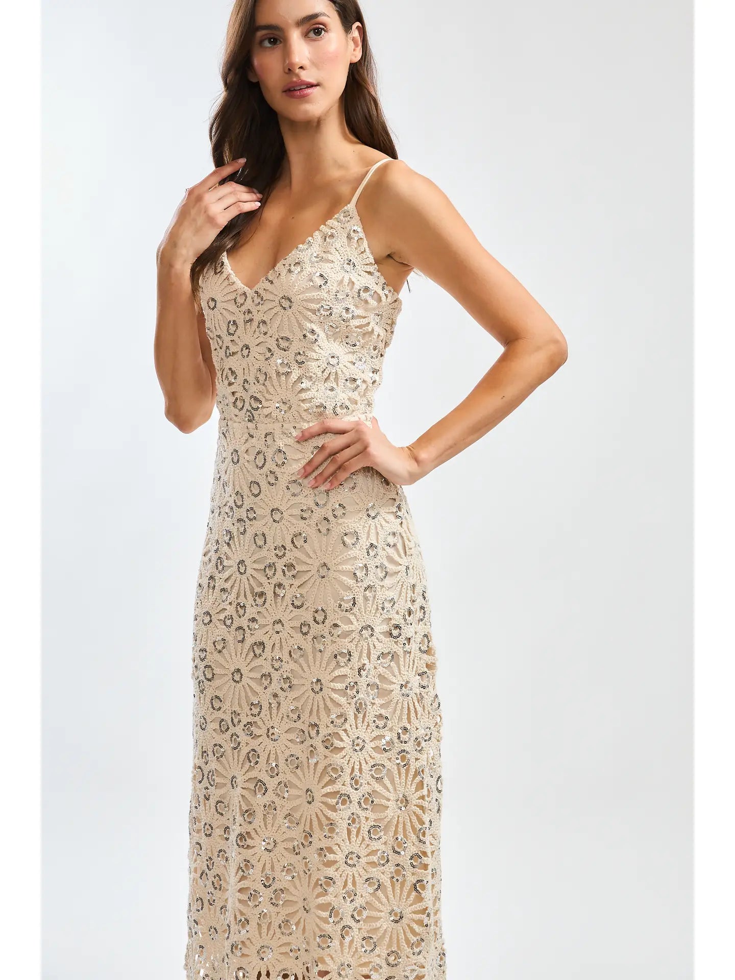 Luna Lace Floral Midi Dress with Sequin Accents