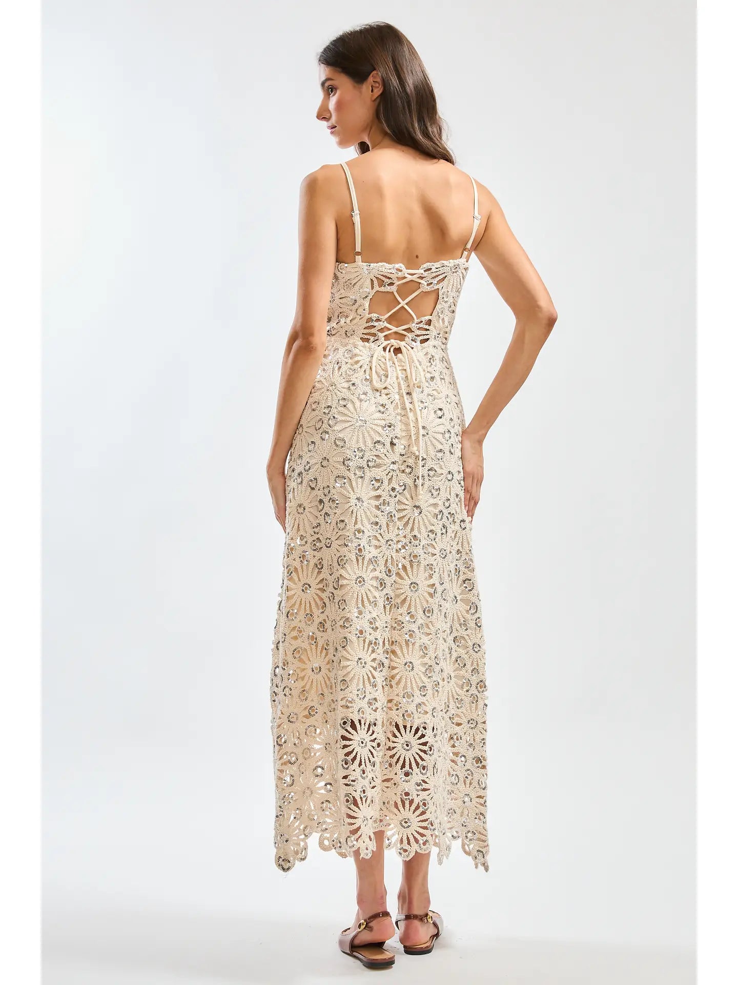 Luna Lace Floral Midi Dress with Sequin Accents